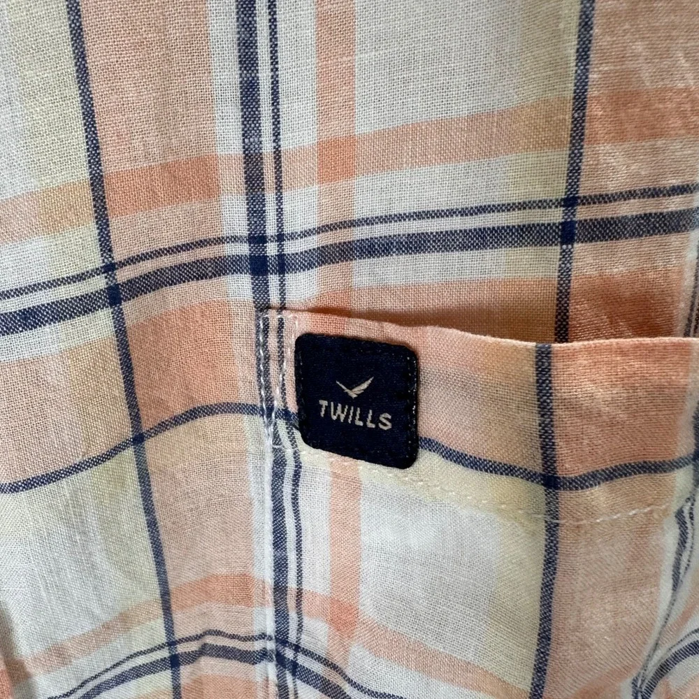 Twill Linen Plaid Peach Orange‎ Button Down Short Sleeve Shirt Mens Medium